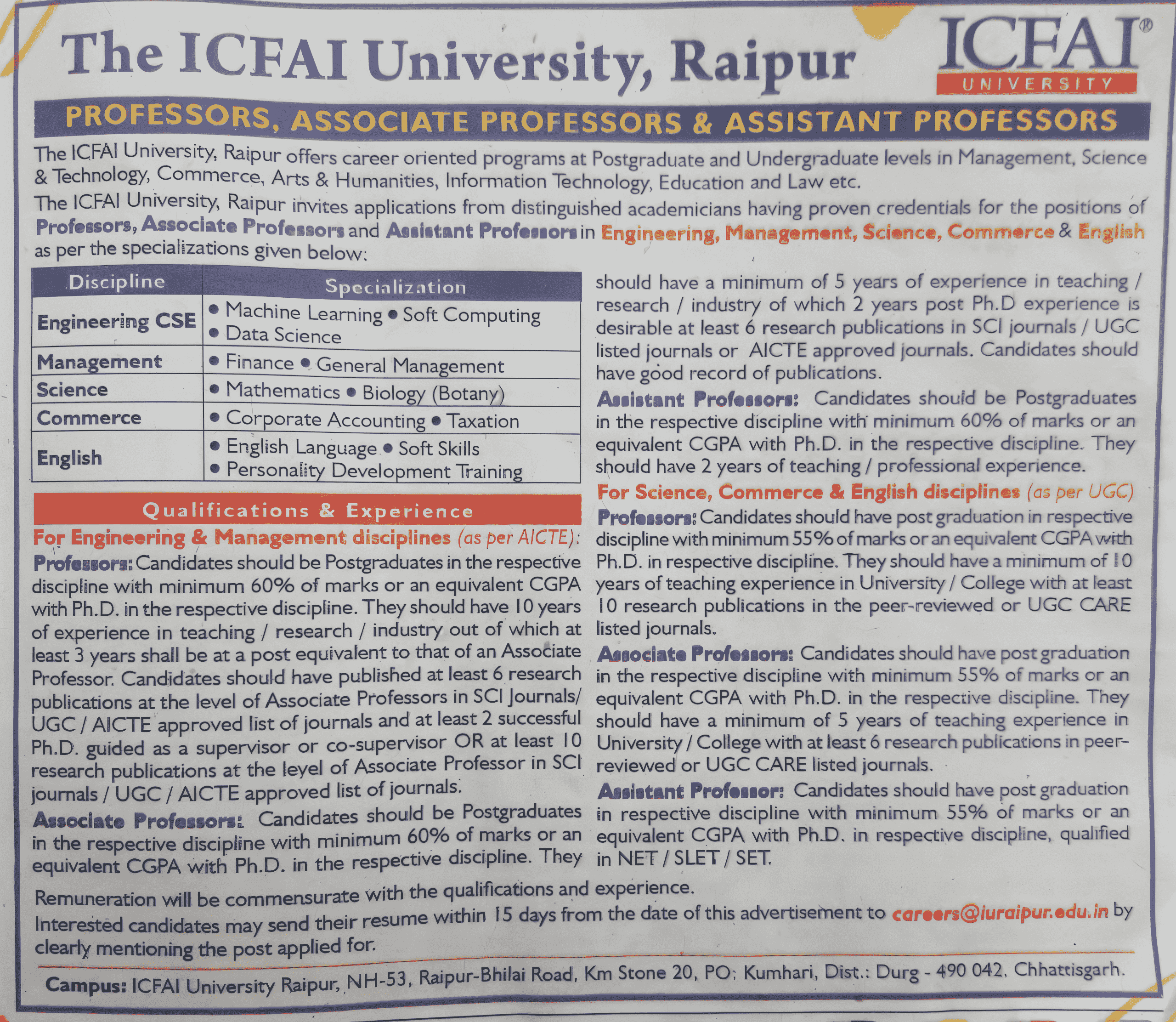 Career Opportunities at ICFAI University, Raipur – Apply Now for Faculty Positions!