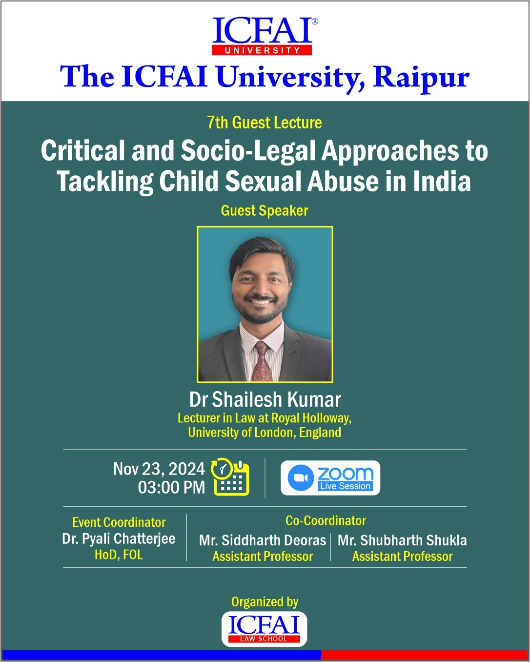 The Faculty of Law organized a Guest lecture on November 23, 2024, focusing on "Critical and Socio-Legal Approaches to Tackling Child Sexual Abuse in India."